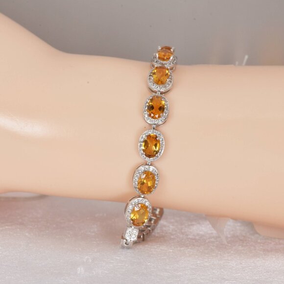 Natural Citrine Topaz Gemstone Bracelet Real Solid 925 Sterling Silver - Picture 1 of 4